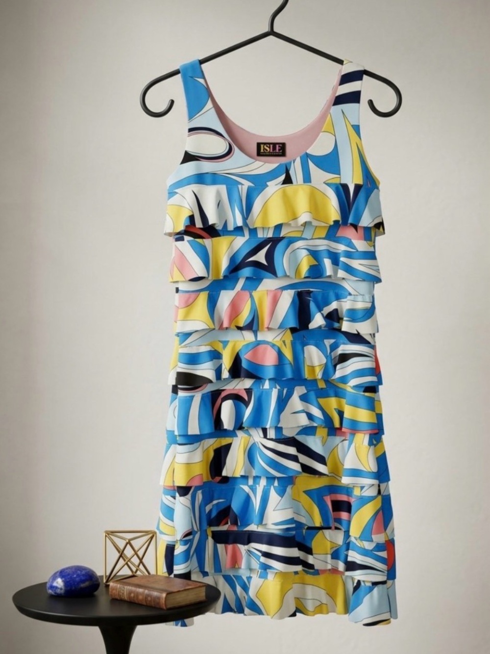 ISLE by Melis Kozan XS 2/4 Blue Multi Ruffle Tiered Mini cha cha retro Dress